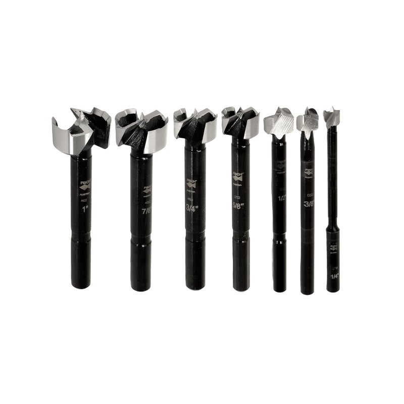 Fisch Black Shark Forged Steel Forstner Drill Bit Set for Woodworking, Precision Wave Design, Clean Cuts in Hardwoods, MDF and Plywood, Made in Austria 7 Pcs Set Inc (1/4" to 2-1/8") in Blister Pack - Image 1